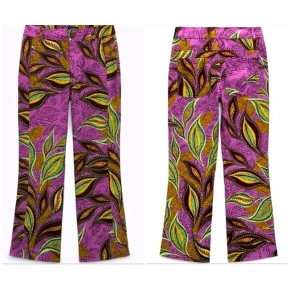 Zara Linen High Waisted Hi Rise Flare Patterned Pants Small - Picture 5 of 14